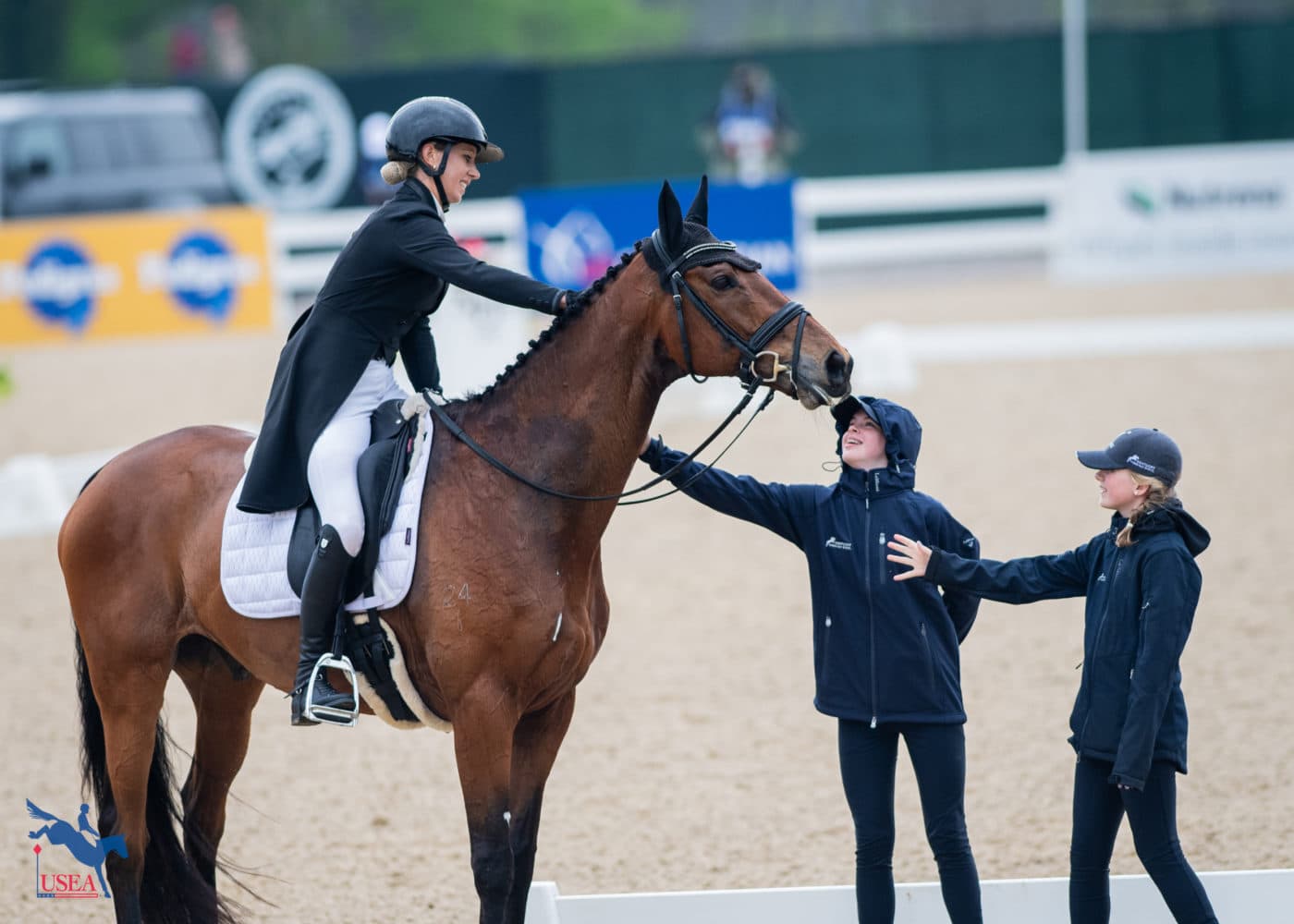Monica Spencer lets the Pony Club volunteers give Artist some love. USEA/Lindsay Berreth photo